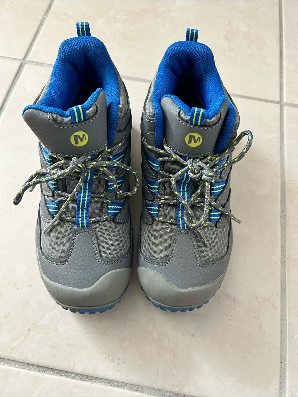 Merrell Kids Gray and Blue Hiking Boots with Lime Accents